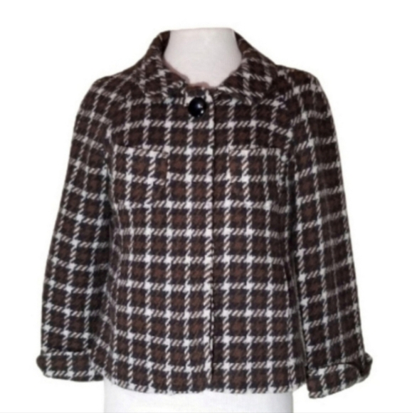 Banana Republic Jacket Houndstooth Plaid Wool Chocolate Brown Size S - Picture 3 of 13